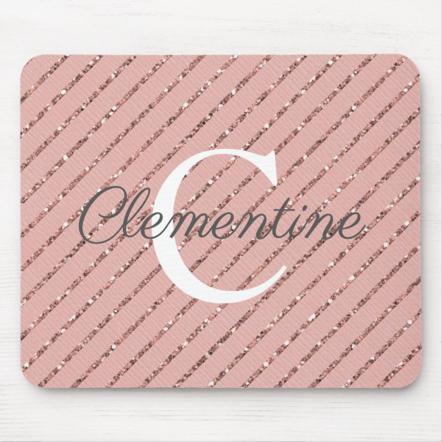 Girly Pink Rose Gold Glitter Stripes Monogram Mouse Mat (Front)