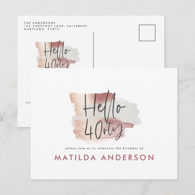 Girly pink rose gold modern 40th birthday invitation postcard (Front/Back)