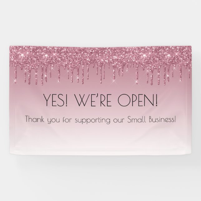 Girly Pink Rose Gold Yes We're Open Faux Glitter Banner (Horizontal)