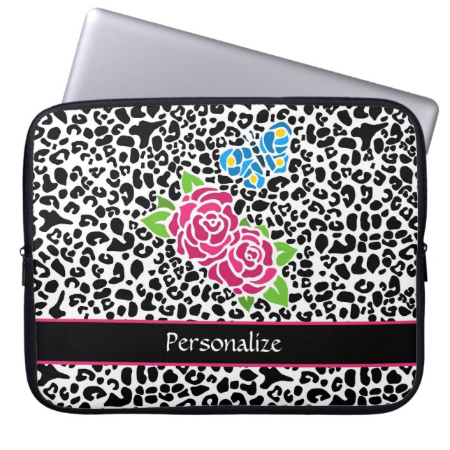 Girly Pink Rose Mosaic Leopard Print With Name Laptop Sleeve (Front)