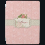 Girly Pink Roses and Damask Personalised iPad Smart Cover<br><div class="desc">Pink floral background with band of grey damask,  centre floral label with spray of girly roses and room for personalisation.</div>