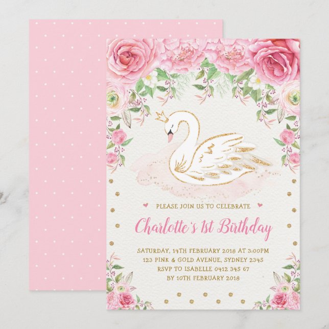 Girly Pink Roses Swan Princess 1st Birthday Party Invitation (Front/Back)