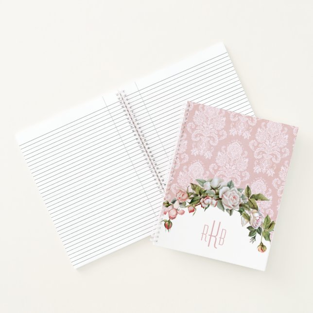 Girly Pink Roses, Vintage Damask and Monogram Notebook (Inside)