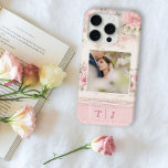 Girly Pink Roses w/Photo & Monogram iPhone 15 Pro Case<br><div class="desc">Very pretty and feminine design featuring square photo template and two-initial monogram text fields on a delicate pastel pink girly rose pattern.</div>