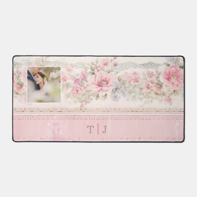 Girly Pink Roses w/Photo & Monogram Desk Mat (Front)