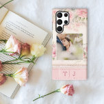 Girly Pink Roses w/Photo & Monogram Samsung Galaxy Case<br><div class="desc">Very pretty and feminine design featuring square photo template and two-initial monogram text fields on a delicate pastel pink girly rose pattern.</div>