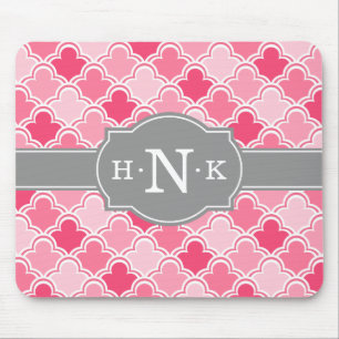 Girly Pink Scallop Pattern Grey Monogram Mouse Mat