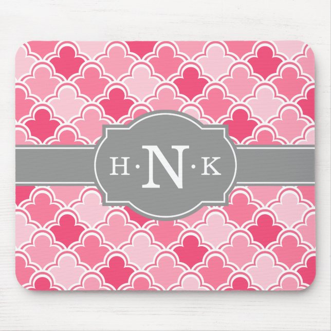 Girly Pink Scallop Pattern Grey Monogram Mouse Mat (Front)