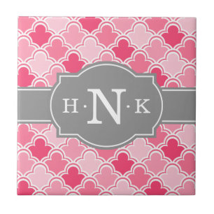 Girly Pink Scallop Pattern Grey Monogram Tile