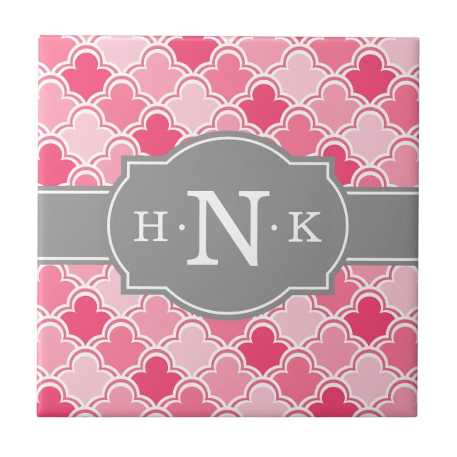 Girly Pink Scallop Pattern Grey Monogram Tile (Front)