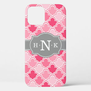 Girly Pink Scallop Pattern Grey Monogram Tile iPhone 12 Case
