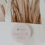 Girly pink script bachelorette party favour gift 3 cm round badge<br><div class="desc">Girly pink script bachelorette party favour gift</div>