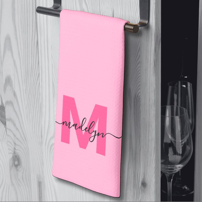 Girly Pink Script Name Monogram Tea Towel (Girly Pink Script Name Monogram kitchen towel )