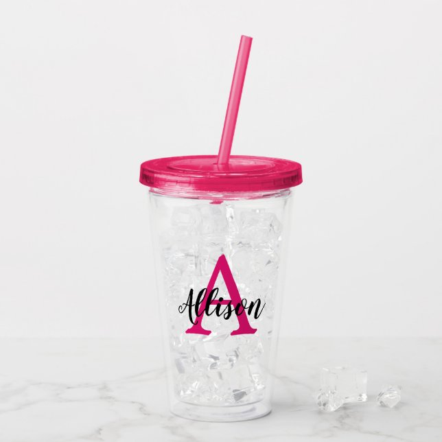 Girly Pink Script Personalised Monogram  Acrylic Tumbler (Back Ice)