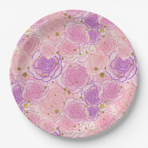 Girly Pink Shabby Chic Glitter Roses Paper Plate