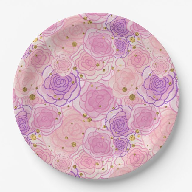 Girly Pink Shabby Chic Glitter Roses Paper Plate (Front)