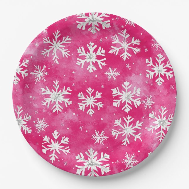 Girly Pink Silver Glam Christmas Snowflakes Paper Plate (Front)