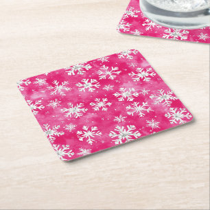 Girly Pink Silver Glam Christmas Snowflakes Square Paper Coaster