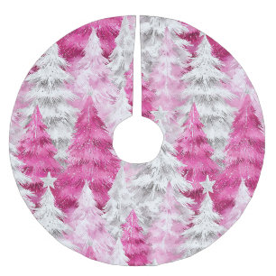 Girly Pink Silver Glam Christmas Trees Brushed Polyester Tree Skirt