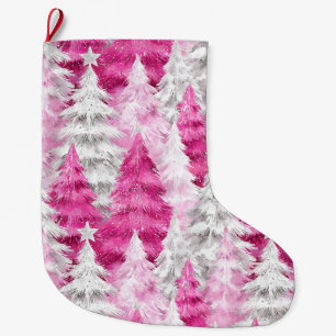 Girly Pink Silver Glam Christmas Trees   Large Christmas Stocking