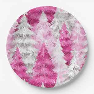 Girly Pink Silver Glam Christmas Trees Paper Plate