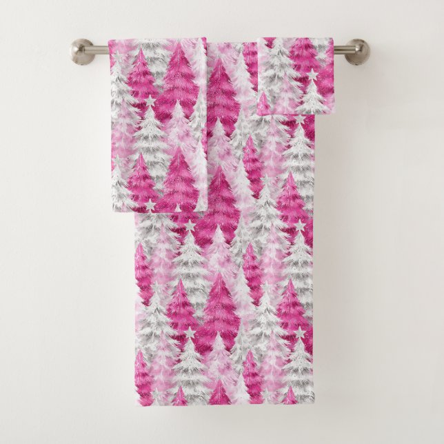 Girly Pink Silver Glam Christmas Trees Stripes Bath Towel Set (Insitu)