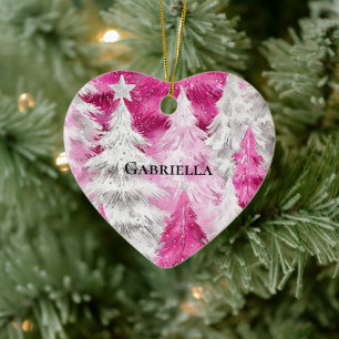 Girly Pink Silver Glam Christmas Trees Stripes Ceramic Tree Decoration