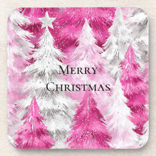 Girly Pink Silver Glam Christmas Trees Stripes Coaster