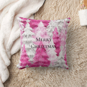 Girly Pink Silver Glam Christmas Trees Stripes Cushion