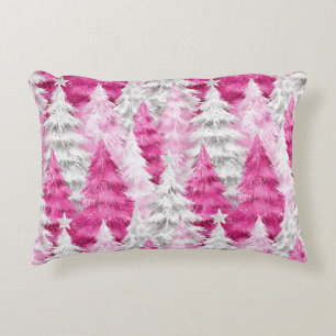Girly Pink Silver Glam Christmas Trees Stripes Decorative Cushion