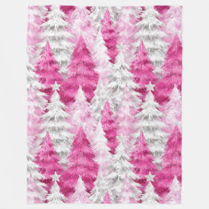 Girly Pink Silver Glam Christmas Trees Stripes Fleece Blanket