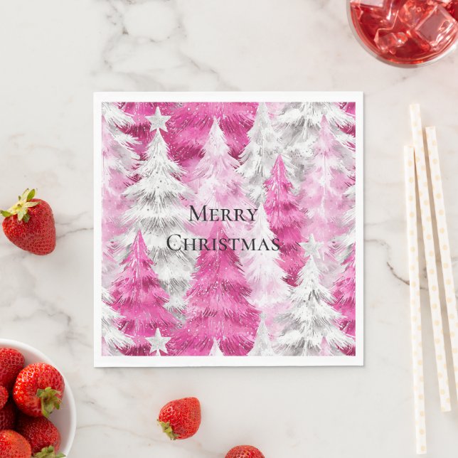 Girly Pink Silver Glam Christmas Trees Stripes Napkin (Insitu)