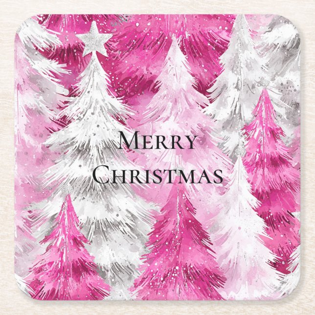Girly Pink Silver Glam Christmas Trees Stripes Square Paper Coaster (Front)