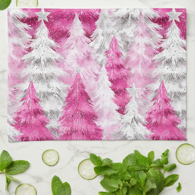 Girly Pink Silver Glam Christmas Trees Stripes Tea Towel (Folded)