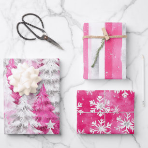Girly Pink Silver Glam Christmas Trees Stripes Wrapping Paper Sheet