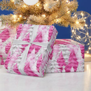 Girly Pink Silver Glam Christmas Trees Wrapping Paper