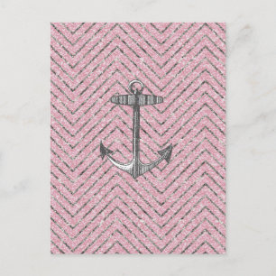 Girly Pink Silver Glitter Chevron Pattern Anchor Postcard