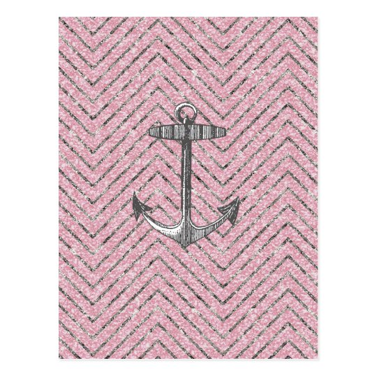 Girly Pink Silver Glitter Chevron Pattern Anchor Postcard