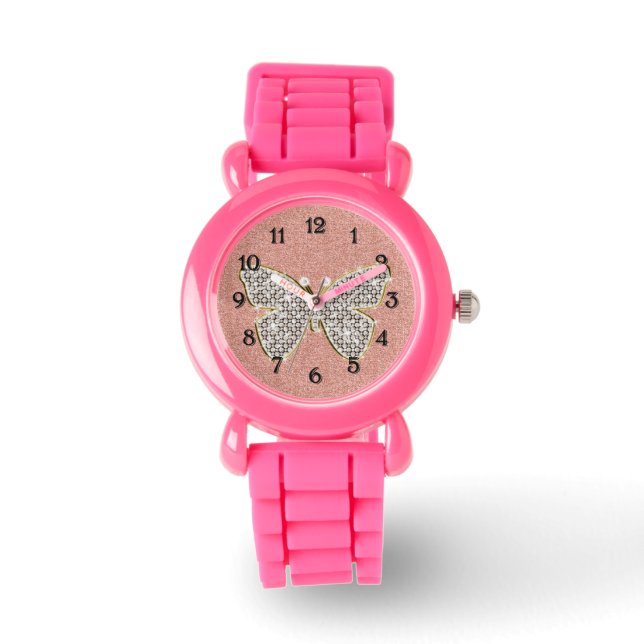 Girly Pink Silver Glitter Diamonds Butterfly Watch (Front)