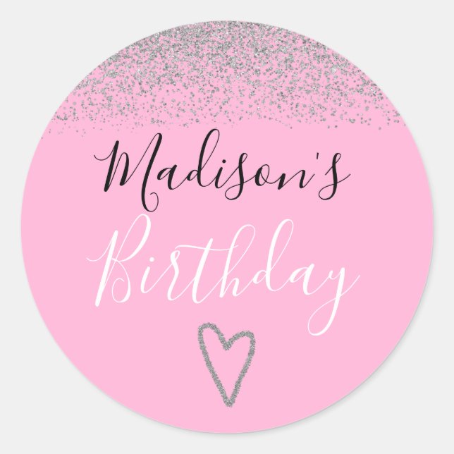 Girly Pink Silver Glitter Sparkles Heart Birthday Classic Round Sticker (Front)