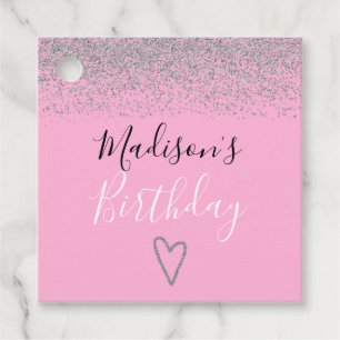 Girly Pink Silver Glitter Sparkles Heart Birthday Favour Tags