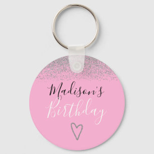 Girly Pink Silver Glitter Sparkles Heart Birthday Key Ring