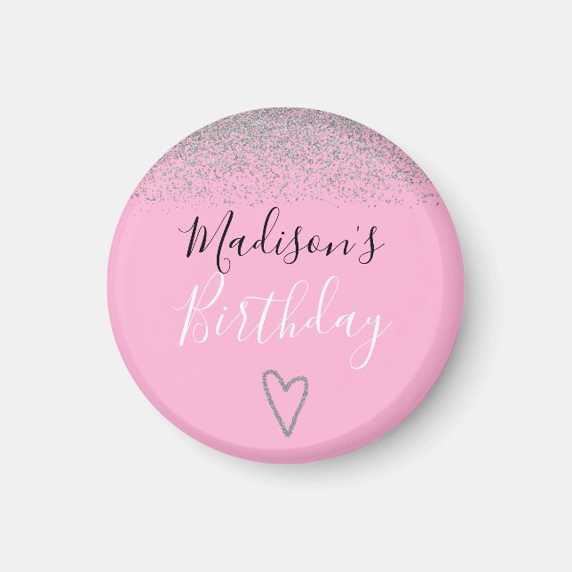 Girly Pink Silver Glitter Sparkles Heart Birthday Magnet (Front)
