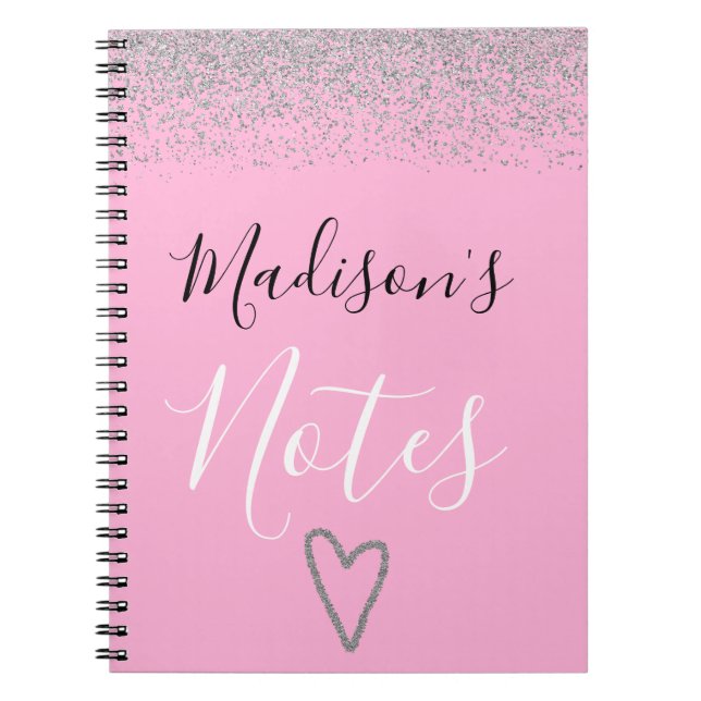 Girly Pink & Silver Glitter Sparkles Heart Notes Notebook (Front)