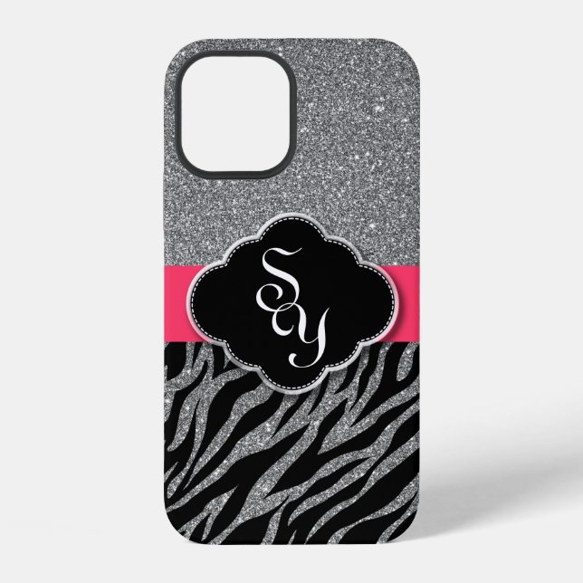 Girly Pink Silver Glitter Zebra Pattern Initials iPhone Case (Back)