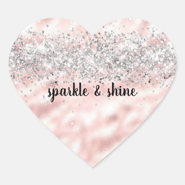 Girly Pink Silver Glitzy Glitter Sparkle Confetti Heart Sticker (Front)