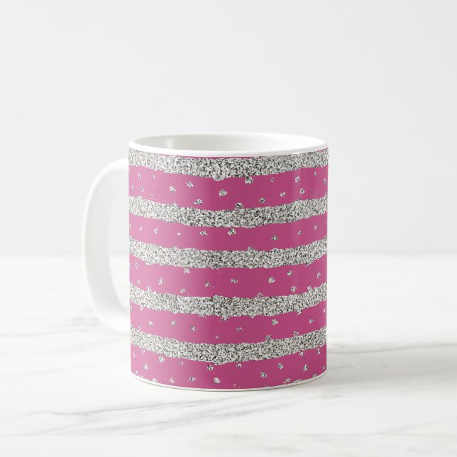 Girly Pink Silver Sparkly Confetti Stripes Coffee Mug (Front Left)