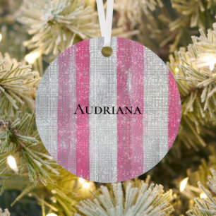 Girly Pink Silver Stripes Sparkle Christmas Metal Tree Decoration