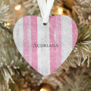 Girly Pink Silver Stripes Sparkle Christmas Ornament