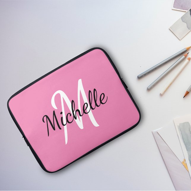 Girly Pink Simple Stylish Monogram Name + Initial Laptop Sleeve (Creator Uploaded)